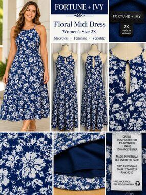 Fortune + Ivy Floral Midi Dress Women’s 2X Navy White Sleeveless Fit & Flare
